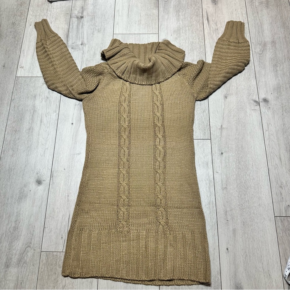Onetheland Tan Cable Knit Cowl Neck Sweater Dress Cozy Boho Long Sleeve Fall - Picture 6 of 6